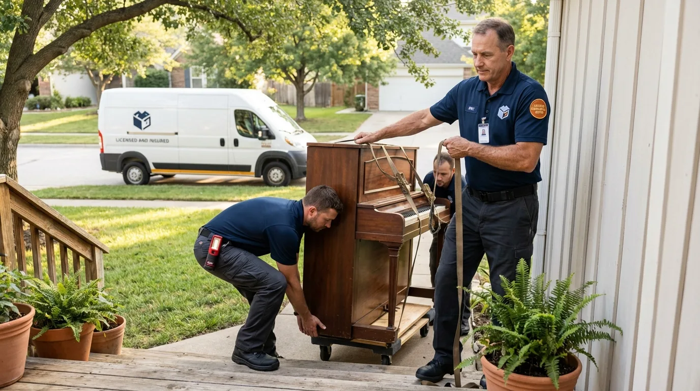 Licensed piano movers securing grand piano in Fort Gibson, OK