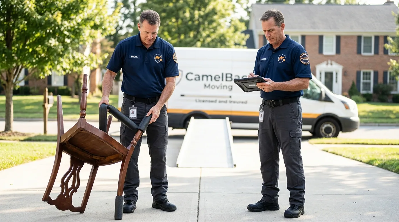 Movers inspecting furniture for damage prevention before loading in Fort Gibson, OK