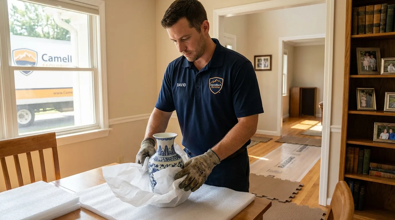Professional crew carefully wrapping antique vase for senior downsizing move in Fort Gibson, OK
